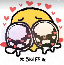 a pixel art drawing of a smiley face with hearts around it and the words sniff written below it