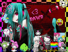 a picture of a girl with headphones and the words rawr in pink