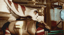 a close up of a cartoon character with the letter e on his chest