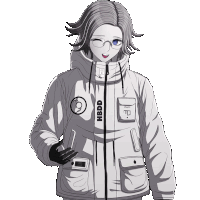 a drawing of a girl wearing a white jacket that says hbdd on it