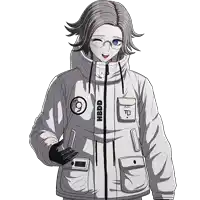 a drawing of a girl wearing a white jacket that says hbdd on it
