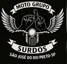 a logo for moto grupo surdos shows a motorcycle and wings