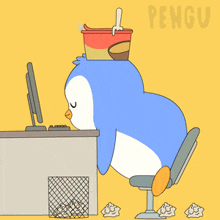 a penguin sits at a desk with a bucket on its head and the word pengu on the bottom right