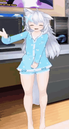 a girl with white hair is standing in front of a desk with a poster that says word of the year on it