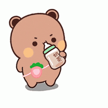 a cartoon bear is holding a straw and a bottle of milk with chinese writing on it