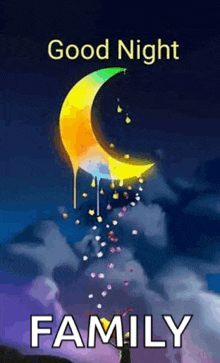 a good night family greeting card with a rainbow colored crescent moon and marshmallows falling from it .