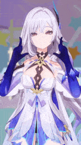 a girl with white hair and blue gloves is giving a peace sign .