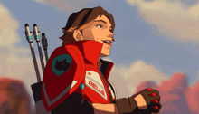 a man in a red jacket with the word belva on the back