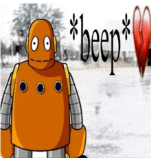 a cartoon robot is standing in front of a sign that says * beep *