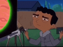 a cartoon character looks through a telescope at the sun