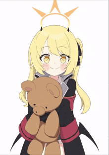 a girl with horns is holding a brown teddy bear