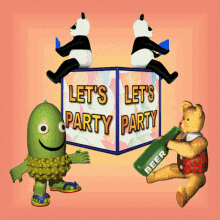 a sign that says let 's party is surrounded by cartoon characters