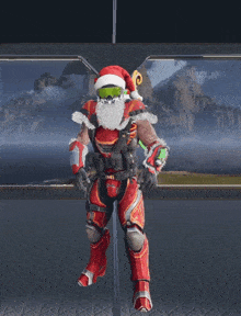 a man wearing a santa hat and beard is standing in front of a window