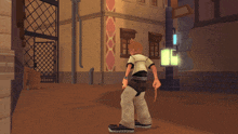 a cartoon character is standing in front of a building with the letter y on the side