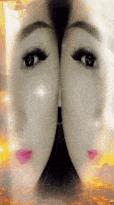 a close up of a woman 's face with a reflection of another woman 's face