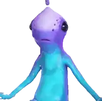 a purple and blue cartoon character with a sad face