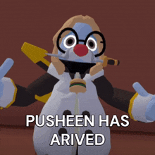 a cartoon character holding a hamburger and a shovel with the words pusheen has arrived below him