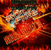 a sign that says rock on fire with a guitar in the background