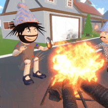 a cartoon character is standing next to a fire holding a pot