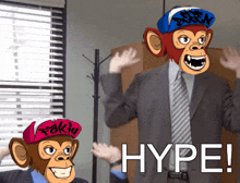 a man in a suit and tie is standing next to two monkeys wearing hats that say hype