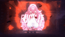 a girl with pink hair is behind a screen that says fuck it