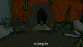a cartoon drawing of a person standing in front of a tunnel that says snowgrav