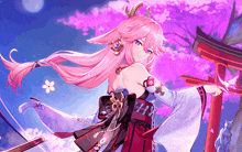 a girl with long pink hair is standing in front of a gate
