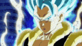 a close up of a cartoon character with blue hair and gold armor