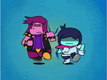 a pixel art drawing of a girl and a boy on a blue background