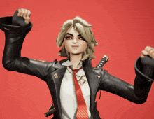 a woman in a black leather jacket and red tie holds her fist in the air