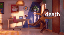 a girl is dancing in a room with the word death written on the wall
