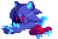 a pixel art of a monster with red eyes