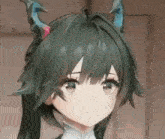 a close up of a girl with long hair and horns .