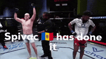 a man in a boxing ring with the words " spivac has done it " above him