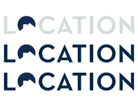 a logo for location location is shown in different shades of blue
