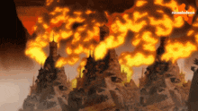 a cartoon of a burning city with a nickelodeon logo on the bottom
