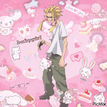 a picture of all might with a pink background that says babygirl on it