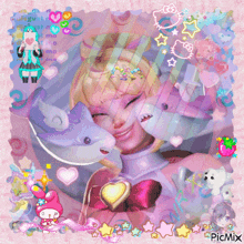 a picture of a girl with sharks and hello kitty on a pink background that says picmix