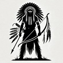 a black and white silhouette of an american indian holding a bow and arrow .
