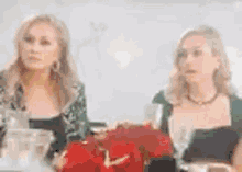 two women are sitting at a table with wine glasses and red flowers .