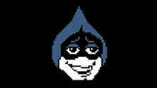 a pixel art of a person 's face with a blue hood and a smile .