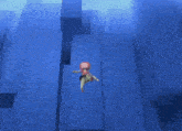 a cartoon character is flying through the air in a blue room .