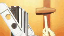 a person is holding a hammer in front of a stack of keys