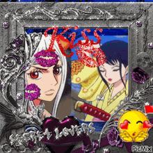 a picture of a girl with a sword and the word kiss