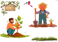 a man is planting a tree next to a scarecrow and a sign
