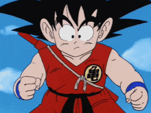 a cartoon character named goku is wearing a red karate outfit
