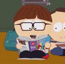 a cartoon character reading a book titled lego friends