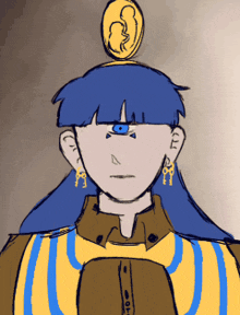 a drawing of a woman with a coin on her head