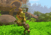 a cartoon character is holding an axe in a field