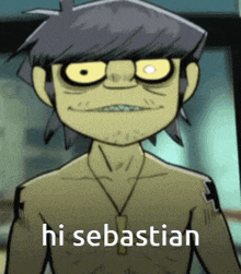 a cartoon character with glasses and the words hi sebastian on the bottom